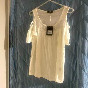 Never worn! White peek-a-boo shoulder blouse, size large.